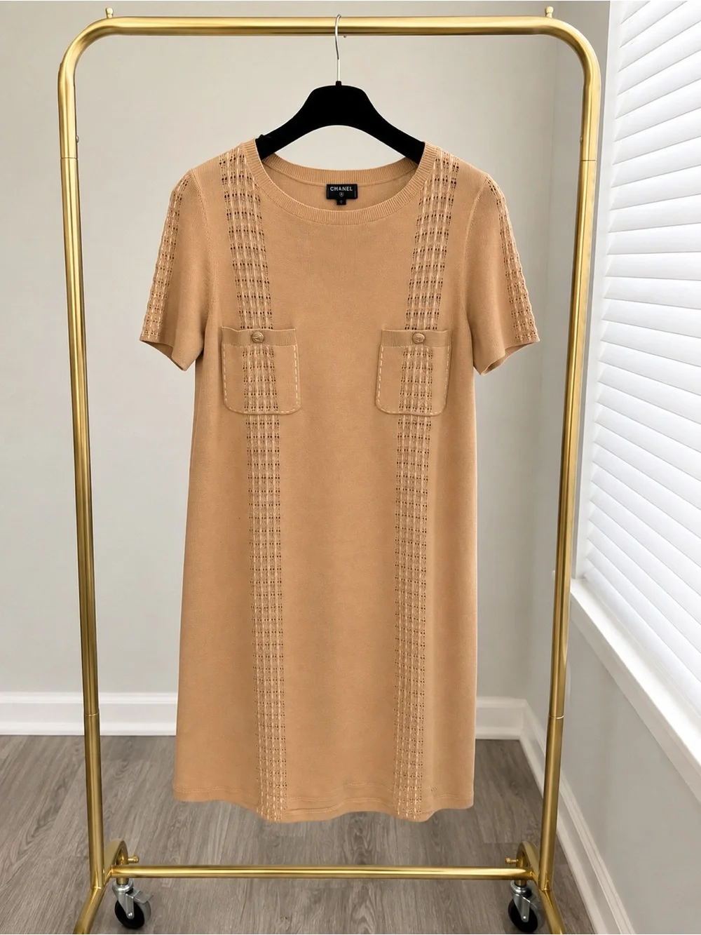 CHANEL Beige Knit Shift Dress Gold CC Buttons Size 44 Made in Italy